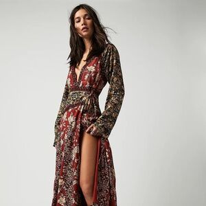 Free People Tilda Boho Wrap Dress Medium Neutral Combo Maxi Floral 70s